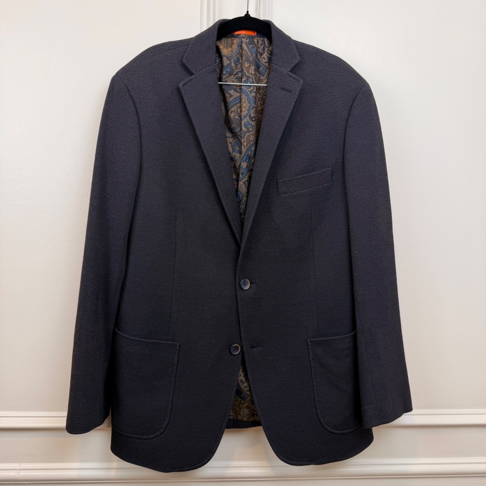 Tallia Orange Mens 42R‎ Blazer Navy Blue Micro Texture Paisley Lining Sport Coat